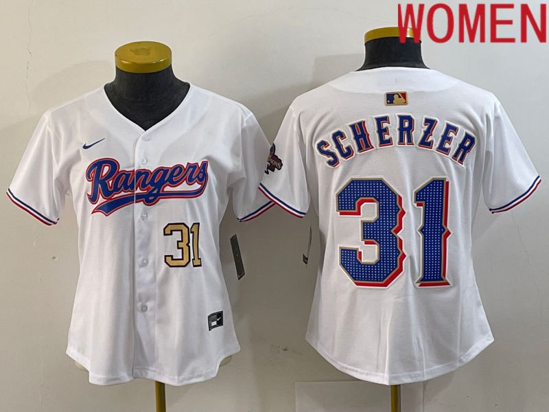 Women Texas Rangers 31 Scherzer White Champion Game Nike 2024 MLB Jersey style 3